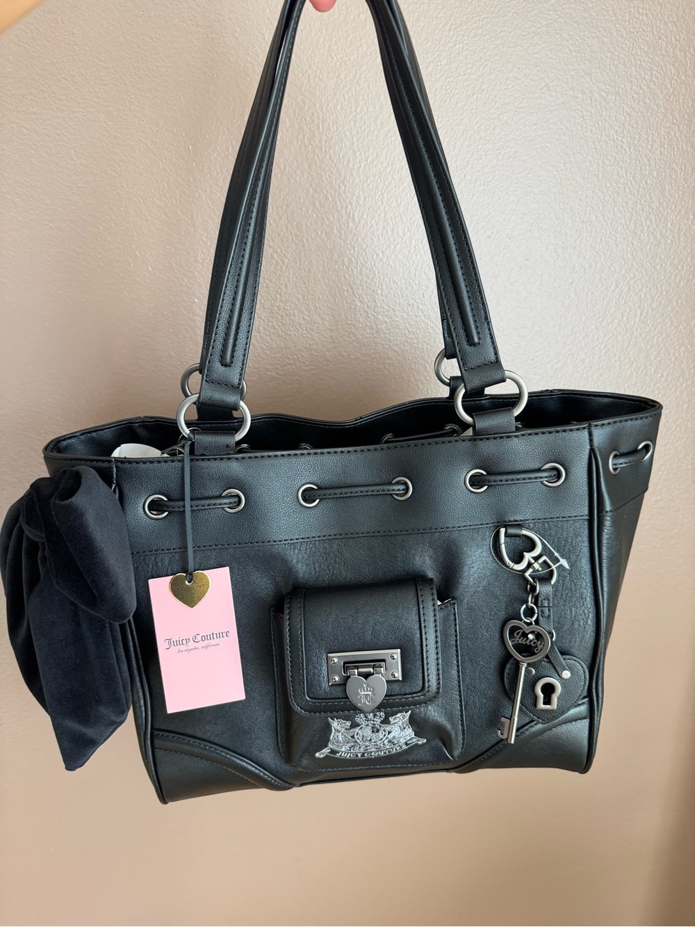 Juicy Couture/Royal to Juicy LiquoriceTote with Bow and Charm Keychain/ New